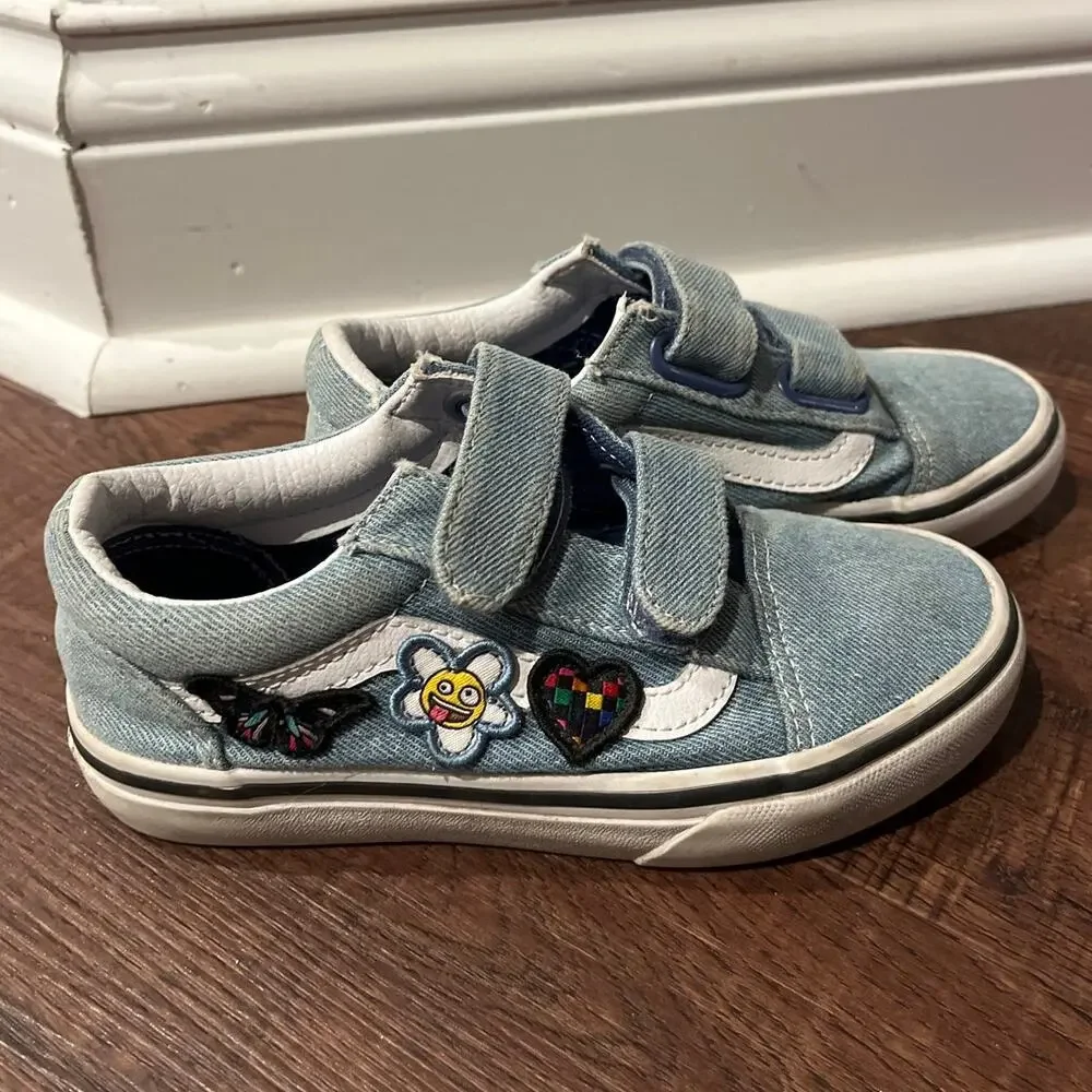 Vans Kids Old School V Denim Blue Floral patch sneakers Little Girls 13
